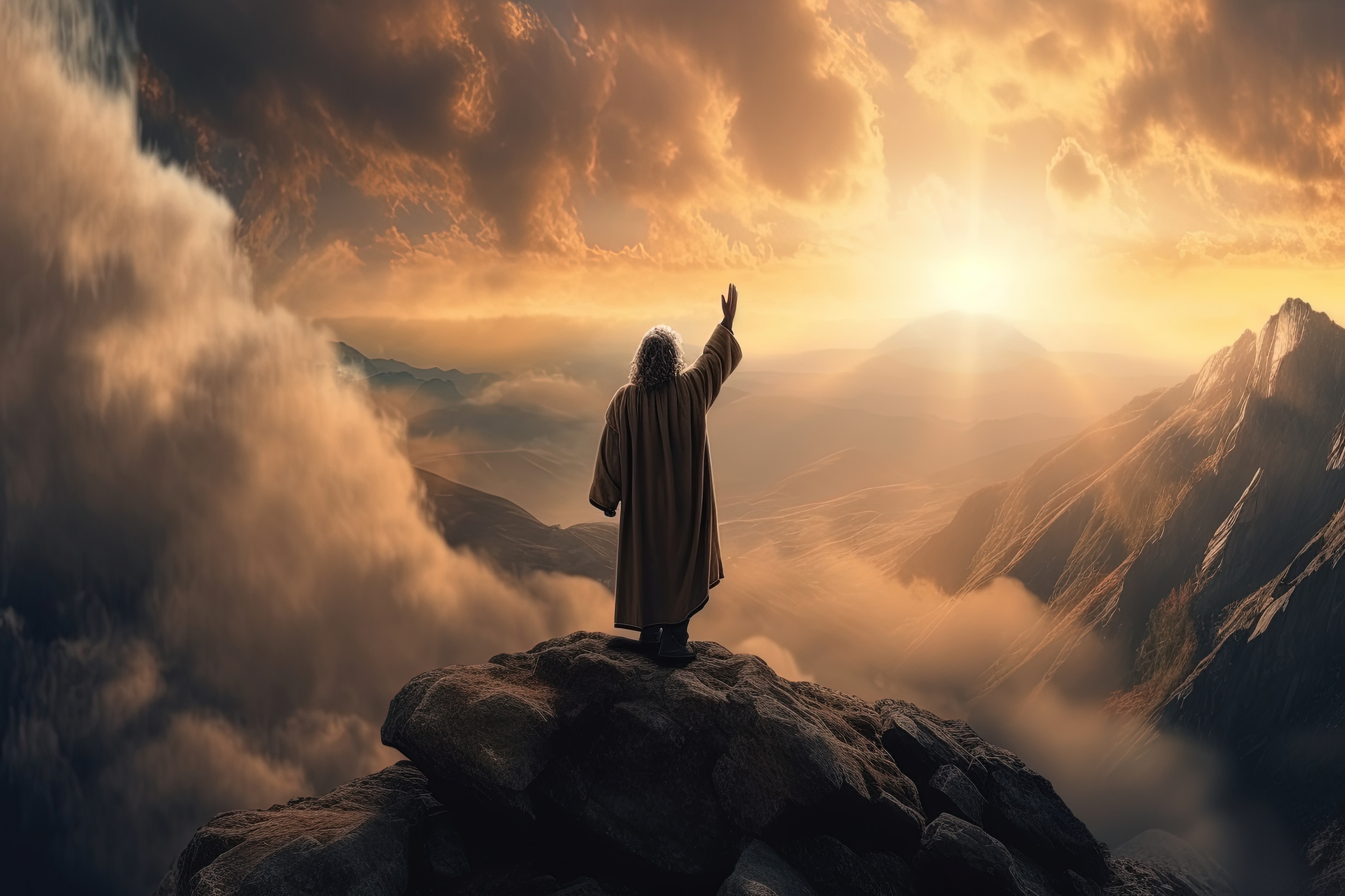 Jesus Christ with hands raised on the top of the mountain at sunset