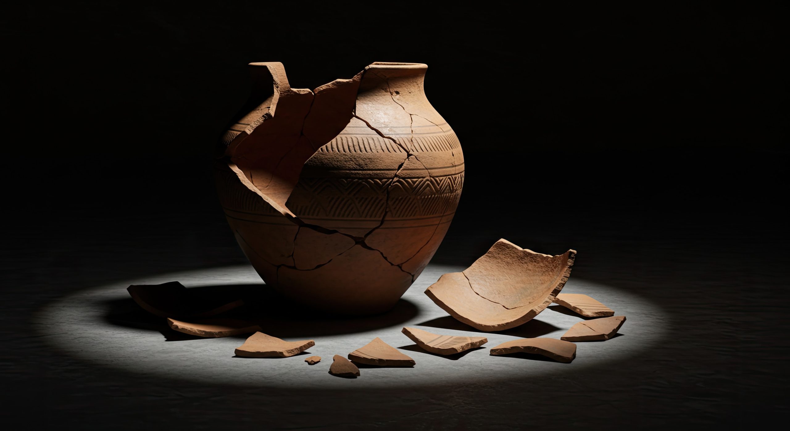 Cracked clay pot on a dark background. Copy space for text.