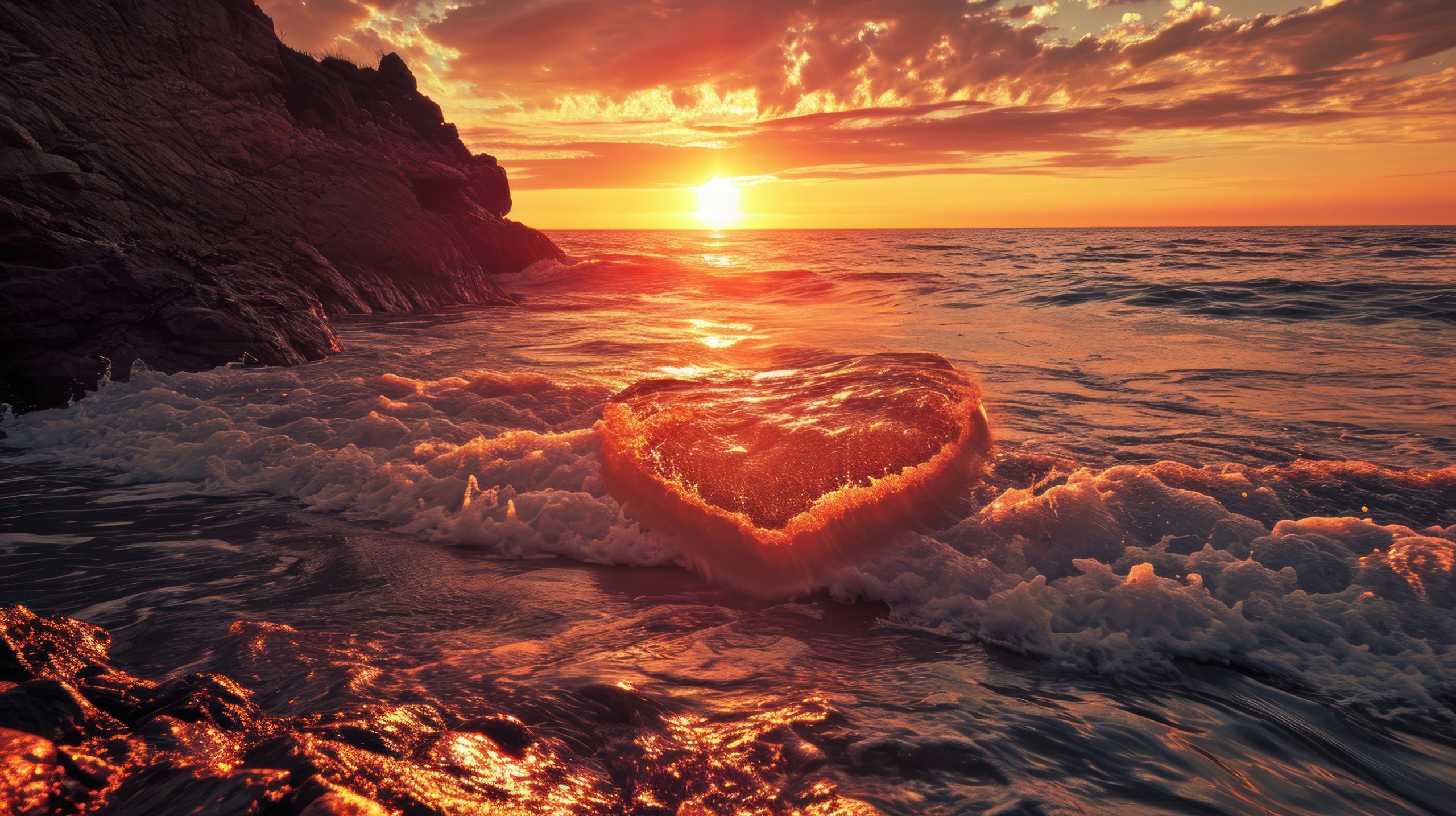 Heart in the sea at sunset. Valentines day background. 3d rendering
