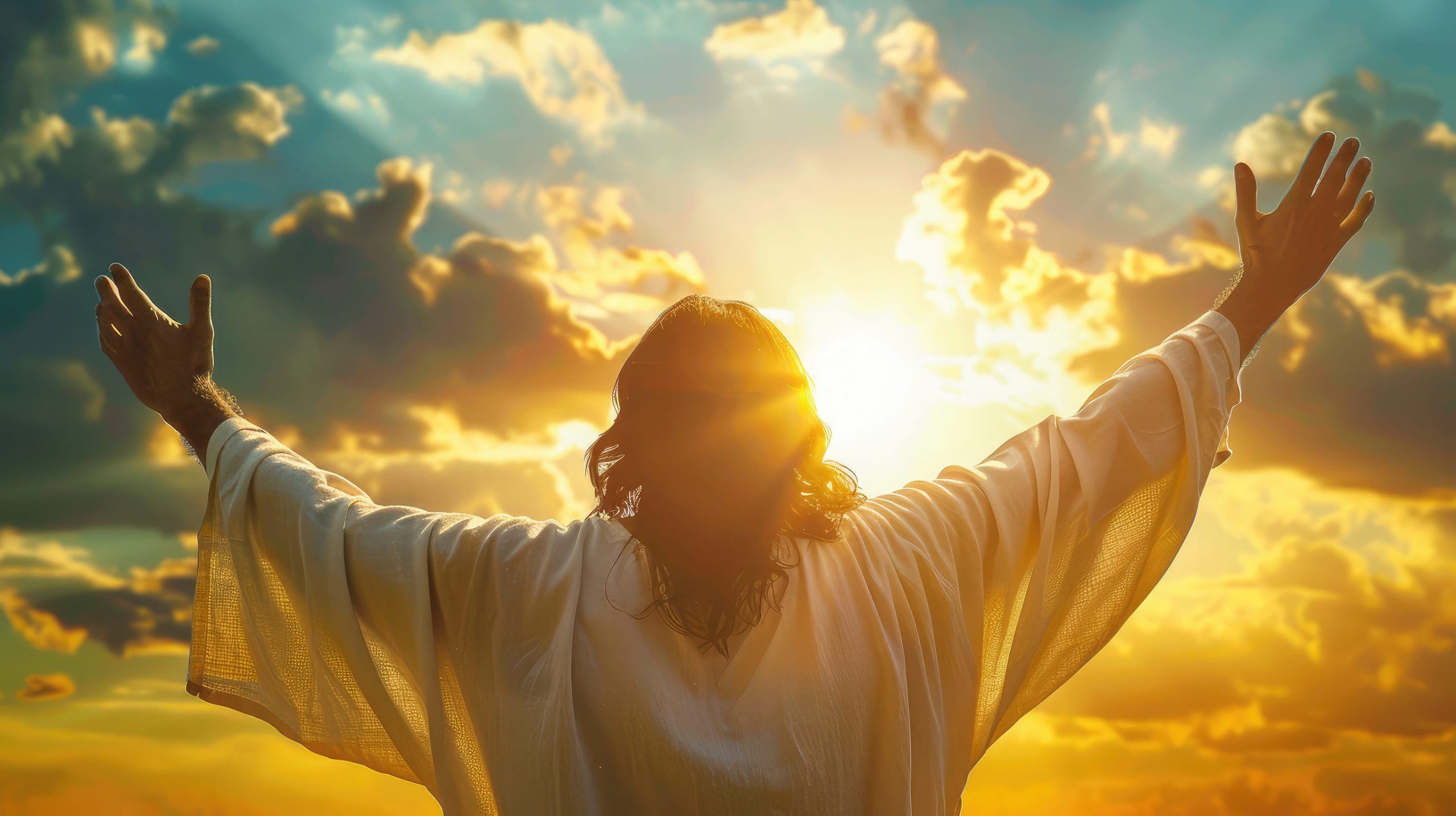 Jesus Christ raised hands and praying to god with a sunrise sky background